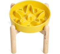 LE TAUCI Ceramic Elevated Puzzle Feeder 1.5 Cup with Wood Stand for Small Medium Dog, Fast Eating Raised Dish Star Yellow