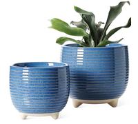 LE TAUCI Ceramic Plant Pots, 12 + 16 cm Footed Pots for Plants, Cute Modern Flower Pots for House and Office, Small Indoor Planters with Drainage, Reactive Glaze Blue