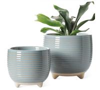 LE TAUCI Ceramic Plant Pots, 12 + 16 cm Footed Pots for Plants, Cute Modern Flower Pots for House and Office, Small Indoor Planters with Drainage, Reactive Glaze Blue Gray