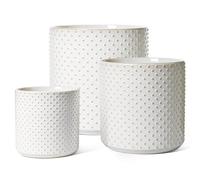 LE TAUCI Ceramic Plant Pots, 15+20+25 cm Indoor Planters with Draiange Hole, Silicone Plug & Mesh Pad, Modern Rasied-Dots Pots for Home Office, Set of 3, Glossy, Arctic White