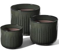 LE TAUCI Ceramic Plant Pots Set, 21+17.5+14.5 cm Indoor Plant Pots, Flower Pots with Drainage Holes, Medium Cylinder Planters for Indoor House Plants, Set of 3, Reactive Glaze Dark Olive