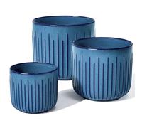 LE TAUCI Ceramic Plant Pots Set, 21+17.5+14.5 cm Indoor Plant Pots, Flower Pots with Drainage Holes, Medium Cylinder Planters for Indoor House Plants, Set of 3, Reactive Glaze Ocean Blue