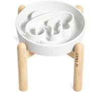 LE TAUCI Ceramic Slow Feeder Dog Bowls Elevated, 1.5 Cups Raised Dog Bowl with Wooden Stand for Small Medium Breed to Slow Down Eating, Puzzle Food Bowl, Angel White