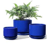 LE TAUCI Plant Pots, 11+13+17 cm Ceramic Planters, Set of 3 Flower Pots with Drainage Hole and Saucer, Indoor Plant Pot with Hole Mesh Pad, Gifts for Mom, Sapphire Blue