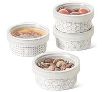 LE TAUCI Ramekins Oven Safe with Lids 120ml, 9.6cm, Set of 4, Arctic White | Emobssed Baking Dishes for Creme Brulee, Souffle, Small Sauce Bowl, Ceramic Baking Dishes, Oven Dishwasher Microwave Safe