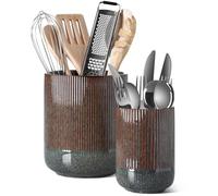 LE TAUCI Utensil Holder, 18.5+14cm Ceramic Kitchen Utensils Holder, Large Cooking Utensil Pots for Kitchen Counter, Morden Utensil Organizer for Spatula, Set of 2, Red & Dark Olive