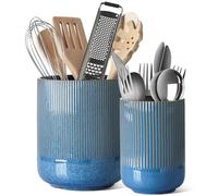 LE TAUCI Utensil Holder, 18.5+14cm Ceramic Kitchen Utensils Holder, Large Cooking Utensil Pots for Kitchen Counter, Morden Utensil Organizer for Spatula, Set of 2, Reactive Glaze Blue