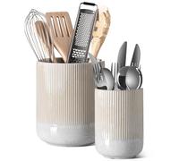 LE TAUCI Utensil Holder, 7.3"+5.4" Ceramic Kitchen Utensil Holder for Countertop, Large Cooking Utensil Crocks for Kitchen Counter, Morden Utensil Organizer for Spatula, Set of 2, Glaze Marble Gray