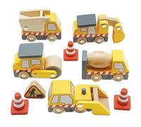 Le Toy Van - Cars & Construction Wooden Construction Vehicles Pretend Play Play Set With Lifting Crane, Scoop, Roller, Digger, Tip-up Truck and Cones Builder Toy | Pretend Play Toy Suitable For Age 3+