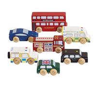 Le Toy Van Iconic Wooden London Themed Play Vehicle Set 7 Pieces Including Bus Ambulance Police Fire Engine Taxi Sports Classic Car