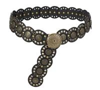 LEACOOKEY Women Wide Vintage Concho Leather Belt Western Disc Waist Belt Boho Disk Concho Style for Dress Jeans