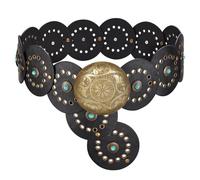 LEACOOKEY Women Wide Vintage Concho Leather Belt Western Disc Waist Belt Boho Disk Concho Style for Dress Jeans