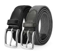 LEACOOLKEY 2 Pack Men’s Braided Elastic Belts Casual Stretch Woven Golf Belts for Jeans Pants， Black+Grey with silver buckle 1.18" wide