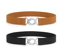 LEACOOLKEY 2 Pack Women Skinny Elastic Waist Belt Stretchy Thin Belt for Dress Jeans，Black+Brown