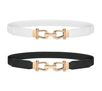 LEACOOLKEY 2 Pieces Women Skinny Elastic Belt for Dresses,Thin Retro Stretch Waist Belt with Golden Buckle （Black+White，Fits waist size 40"-45"）