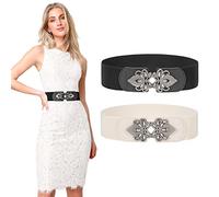 LEACOOLKEY 2 Pieces Women's Wide Elastic Belt Stretch Elasticated Waist Belts Cinch Belt Vintage Belt Women Belts for Dresses(Suitable for waist 34''-41'',Black+Beige)