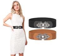 LEACOOLKEY 2 Pieces Women's Wide Elastic Belt Stretch Elasticated Waist Belts Cinch Belt Vintage Belt Women Belts for Dresses(Suitable for waist 42''-49'',Black+Brown)