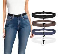 LEACOOLKEY 4 Pcs Women No Buckle Belts Invisible Elastic Stretch Belt Flat Buckle No Show Waist Belt for Jeans Dresses, Adjustable Band for Shirts Crop Tuck,black+coffee+navy Blue+white