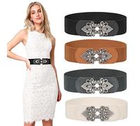 LEACOOLKEY 4 Pieces Women Stretchy Wide Waist Belts Chic Stylish Elastic Cinch Belt Ladies Vintage Elegant Stretch Wide Cinch Belt For Dress (Suitable for waist 34''-41'',Black+Brown+Grey+Beige)