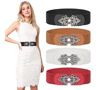 LEACOOLKEY 4 Pieces Women Stretchy Wide Waist Belts Chic Stylish Elastic Cinch Belt Ladies Vintage Elegant Stretch Wide Cinch Belt For Dress (Suitable for waist 26''-32'',Black+Brown+White+Red)
