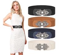 LEACOOLKEY 4 Pieces Women's Wide Elastic Belt Stretch Elasticated Waist Belts Cinch Belt Vintage Belt Women Belts for Dresses(Suitable for waist 42''-49'',Black+Brown+Blue+Beige)