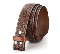 LEACOOLKEY Western Belt Strap for Men without Buckle 1.5" Wide Floral Engraved Embossed Leather Belt Strap,Brown,Fit Size 29"-33"