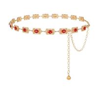 LEACOOLKEY Western Concho Chain Belt Women Boho Rhinestone Gems Metal Waist Belt Cowgirl Gold Silver Chain for Dress Jeans,Style 7-Gold With Red,Fit for waist up to 52"