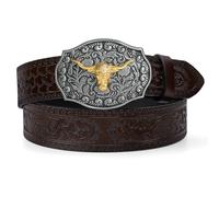 LEACOOLKEY Western Cowboy Leather Belt for Men Longhorn Bull Buckle Belt 1.5" Wide Floral Engraved Embossed Leather Belt,Coffee,Fit Size 35"-39"