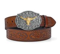 LEACOOLKEY Western Cowboy Leather Belt for Men Longhorn Bull Buckle Belt 1.5" Wide Floral Engraved Embossed Leather Belt,Brown,Fit Size 49"-54"
