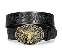 LEACOOLKEY Western Cowboy Leather Belt for Men Longhorn Bull Buckle Belt 1.5" Wide Floral Engraved Embossed Leather Belt
