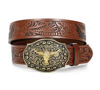 LEACOOLKEY Western Cowboy Leather Belt for Men Longhorn Bull Buckle Belt 1.5" Wide Floral Engraved Embossed Leather Belt