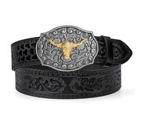 LEACOOLKEY Western Cowboy Leather Belt for Men Longhorn Bull Buckle Belt 1.5" Wide Floral Engraved Embossed Leather Belt,Black,Fit Size 39"-44"