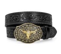 LEACOOLKEY Western Cowboy Leather Belt for Men Longhorn Bull Buckle Belt 1.5" Wide Floral Engraved Embossed Leather Belt