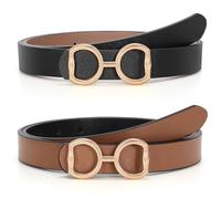 LEACOOLKEY Women Reversible Leather Belt for Jeans Pants Fashion Two-In-One Gold Buckle Ladies Dress Belt(Black/Brown(shiny Gold Buckle),Suit Waist Size 25"-31"