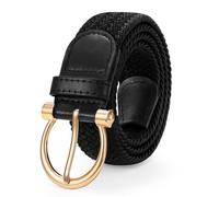 LEACOOLKEY Women Stretch Belt Ladies Elasticated Woven Braided Belt with Gold Buckle,Casual Golf Belt for Jeans Pants 1.38" width