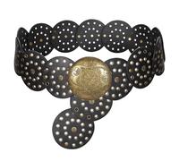 LEACOOLKEY Women Wide Concho Leather Belts Western Disc Waist Belts Ladies Western Belt Boho Disk Concho Belt for Dress