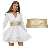 LEACOOLKEY Women Wide Leather Belt for Dress Chunky Elastic Stretchy Belt for Women Thick Obi Cinch Belt,Gold