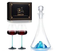Lead-Free Crystal Wine Decanter Gift Set, 3D Artistic Blue Mountain Base Aerator with 2 Elegant Matching Stemware, Premium Sommelier Carafe in Gold-Stamped Presentation Box for Luxury Gifting