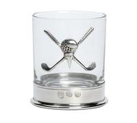 Lead Free pewterware Mounted 12oz Whisky Glass with a Pair of Crossed Golf Clubs with a Golf tee and Ball in The Middle in a Presentation Box of 1 or 2 Glasses (1)