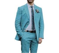 Leader of The Beauty 2 Pieces Linen Suits for Men Slim Fit Suit Natched Label Tuxedos Suit Wedding Casual Wear Aqua Blue