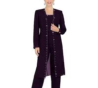 Leader of the Beauty 3 Piece Chiffon Beaded Pant Suits Mother of The Bride Pant Suits with Long Jacket for Women Formal 20 Grape