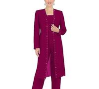 Leader of the Beauty 3 Piece Chiffon Beaded Pant Suits Mother of The Bride Pant Suits with Long Jacket for Women Formal 18 Fuchsia