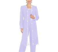 Leader of the Beauty 3 Piece Chiffon Beaded Pant Suits Mother of The Bride Pant Suits with Long Jacket for Women Formal 12 Lavender