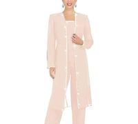 Leader of the Beauty 3 Piece Chiffon Beaded Pant Suits Mother of The Bride Pant Suits with Long Jacket for Women Formal 18 Champagne
