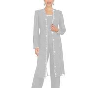 Leader of the Beauty 3 Piece Chiffon Beaded Pant Suits Mother of The Bride Pant Suits with Long Jacket for Women Formal 20 Black