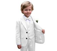 Leader of the Beauty Boys Linen Suit Kids Wedding Ring Bearer Outfit 3 Piece Vest Jacket Pants Suit Set White 4