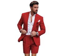 Leader of The Beauty Linen Suits for Men 2 Pieces Slim Fit Tuxedos Blazer Short Pants for Summer Wedding Casual Wear Red