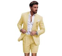 Leader of The Beauty Linen Suits for Men 2 Pieces Slim Fit Tuxedos Blazer Short Pants for Summer Wedding Casual Wear Yellow
