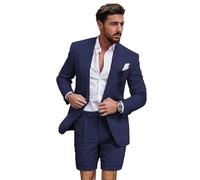 Leader of The Beauty Linen Suits for Men 2 Pieces Slim Fit Tuxedos Blazer Short Pants for Summer Wedding Casual Wear Navy Blue
