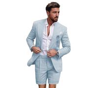 Leader of The Beauty Linen Suits for Men 2 Pieces Slim Fit Tuxedos Blazer Short Pants for Summer Wedding Casual Wear Sky Blue
